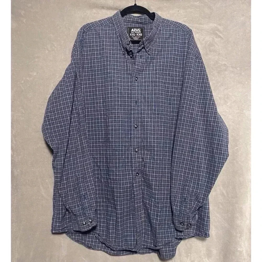 Men 2XL dark Blue Plaid Button Down Shirt Casual Business long sleeve